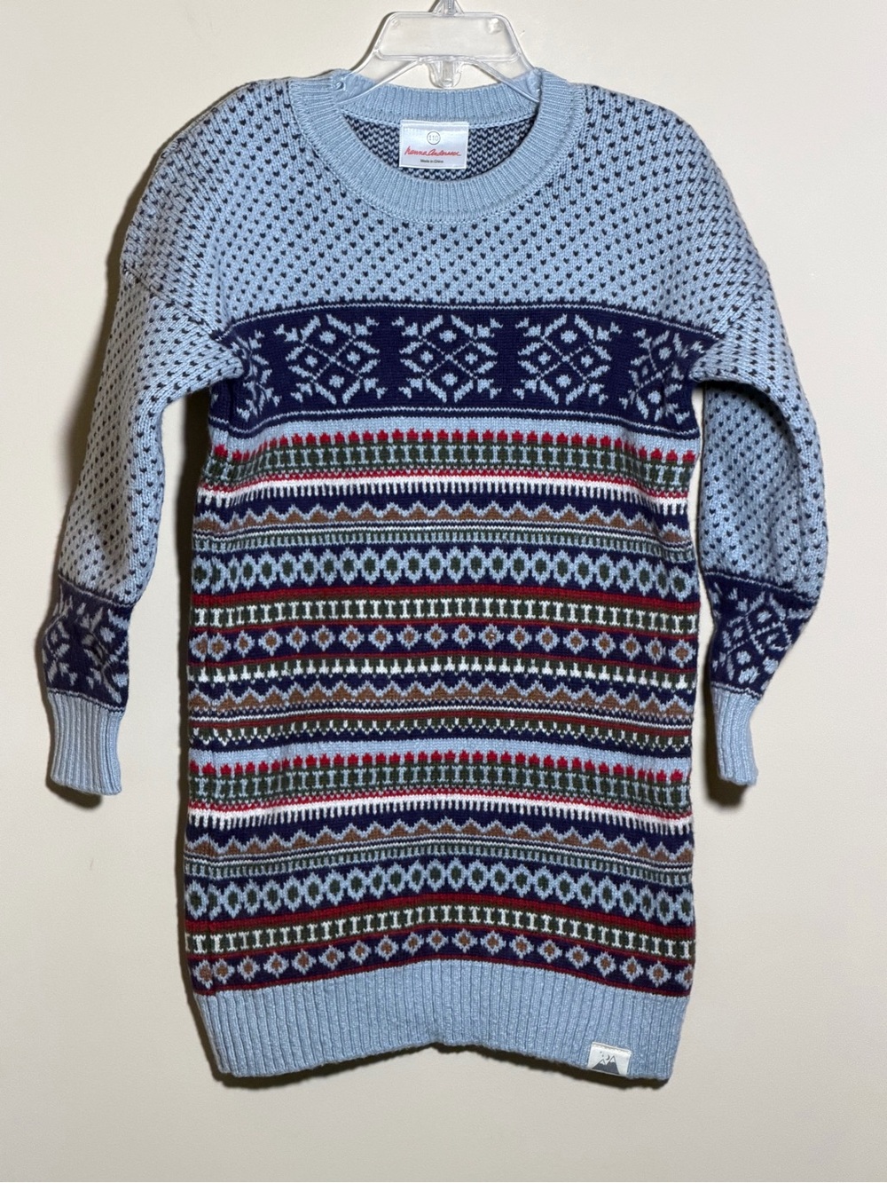 Hanna Andersson Girls Fair Isle Sweater Dress Size 5 Gray Blue Wool Blend